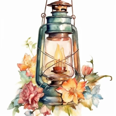 watercolor vintage rustic hurricane lamp with flowers clipart, hd, white background--ar3.2--s1000