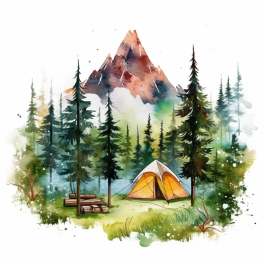 Detailed Watercolor Camping scene with forest and moutains clipart