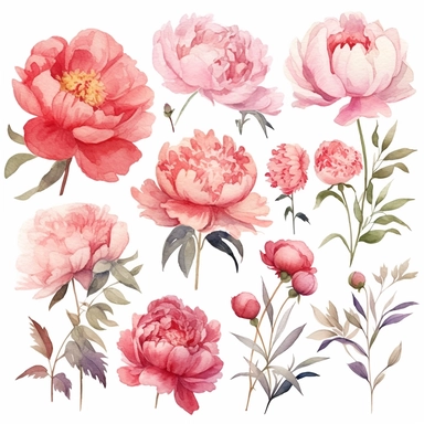 peony watercolor clipart vector graphic print clipart in the style of graphic novel-inspired, muted watercolor palettes, bronze and beige, flowing textures, storybook illustrations, realistic animal portraits, bold calligraphic marks, high quality