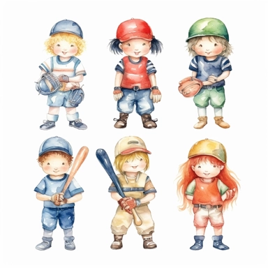 Watercolor cute little baseball catchers, illustrations clipart set, simple, christmas colors , cartoon elements ,different variants , separate elements with a margin, 4k, high resolution