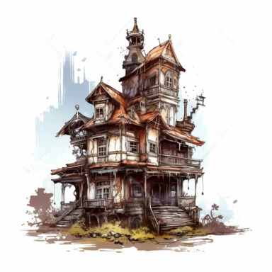 scary horror Steampunk one house Clipart, Retro Futuristic Victorian Era Art, white background