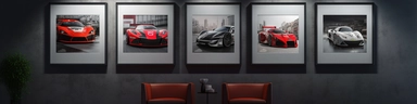 A gallery with multiple images of motorsport cars inside beautiful picture frames on the wall. The images in those frams have to be clip art style. The images are high quality and different, and the gallery is modern and luxurious.