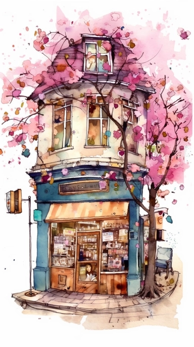 Very very cute and Whimsical quirky Jazzy coffee shop, building corner, cherry tree blossom, Raining colorful, Watercolored illustration in the style of Michael Powell, clipart, city vibe background - 8K