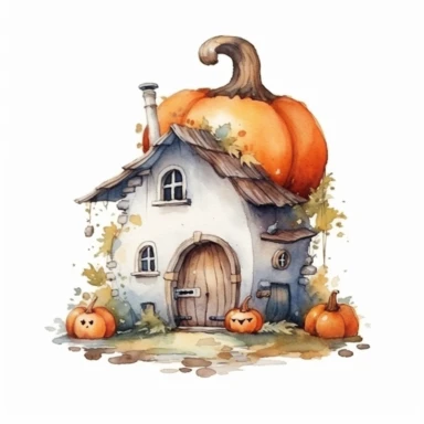 watercolor A clip art image featuring with pumpkin fairy house isolated white background, minimalist, 8K, c20