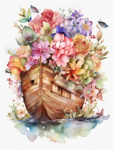 noah's ark sourounded by flowers, watercolor clipart, isolated subject, HD