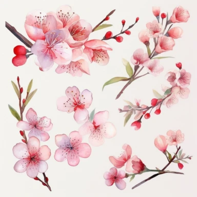 Exquisite watercolor cherry blossoms clipart featuring delicate pink Sakura flowers and fresh floral branches. The premade clipart captures the essence of spring with its vibrant and refreshing pink hues. The intricate details of the cherry blossoms are beautifully rendered in watercolor, adding a touch of artistic elegance to any project. The floral branches create a sense of movement and liveliness, perfect for creating stunning designs for various occasions. The Japanese Sakura flowers symbol