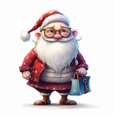 santa smile and cute big eyes wear big glasses fat full body , hold gift bag , cute funny laugh detailed digital art, whimsical and cute, cute detailed artwork, glimmering, adorable and whimsical, whimsical art, watercolor Clipart style