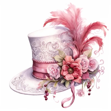 A Victorian-inspired pink tea party hat with intricate silk flowers, delicate feathers, and lace trim. The fine details in the design showcase the intricate detail of the hat. Clipart, watercolor, white background, intricate detail