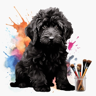 black labradoodle, goldendoodle, black doodle, puppy, watercolor clipart and paint, HD, 4k