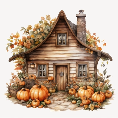 Hand drawn, Thanksgiving themed , a rustic house decorate with thanksgiving elements, watercolor clipart, single object, high definition 8k, single object, png, transparent, 4K, white background for removing background