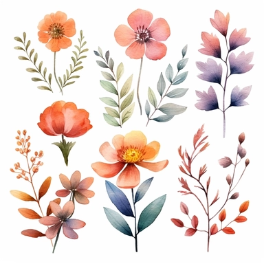 atercolor, handpainted floral clipart, transparent background, 6 elements evenly spaced out by 1 inches