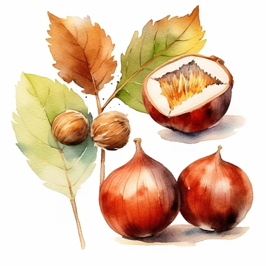 watercolor, chestnut fruit, clipart, white background