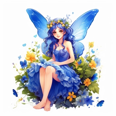 a beautiful smiling fairy girl sitting in flowers, royal blue dress, big fairy wings, lovely butterflies all around her, pixar style, full body image, clipart, white background