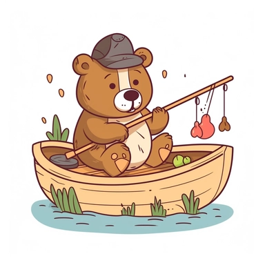 A cute cartoon bear fishing. He is in a boat. In the style of 2d clipart, thick outlines, white background ,--ar 4:3