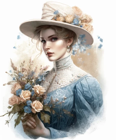 watercolor mixed media portrait of a beautiful and feminine flower gardener in apron, decorated with forget-me-nots and summer flowers and magic crystals, lace and embroidery, masterpiece by Edouard Bisson style and by Tom Bagshaw style and by Vladimir Kush style, Rococo fashion, PNG clipart, isolated on white, extreme photorealistic details, 32k HD resolution, realistic high detailization high resolution