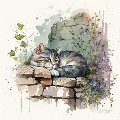 A cat napping on an ancient stone wall, surrounded by climbing ivy and blooming flowers, watercolor by Thomas Kinkade, clipart, solid background.--q 2 niji 5
