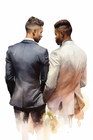 watercolor portrait illustration of dark-skinned groom with dark-skinned best man clipart, view of the back, zoomed in close view, in style of Michiel van Huysum, subtle faded color variations, hyper-detailed hd watercolor clipart, on white background, spaced out