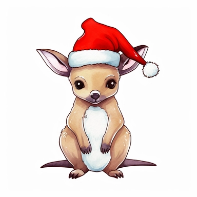 cute watercolor clipart full body happy kangaroo with a santa hat, jolly, watercolor, on white background