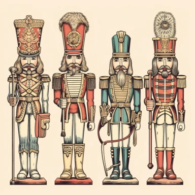6 nutcrackers clipart, detailed, 8k, national geographic retro, retro style, vintage style, vivid colors, drawing illustration, high quality, very detailed, isolated on white background, UHD