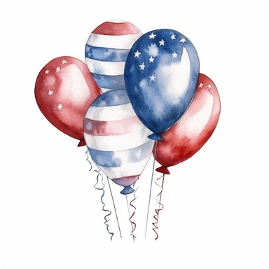 american flag party balloon clipart, white background, red white and blue colour tones, watercolour style