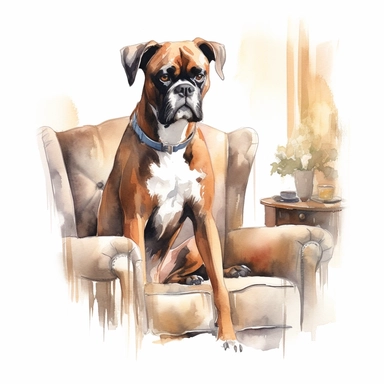 Boxer dog wearing a stylish collar, sitting attentively in a cozy living room adorned with elegant furniture and warm tones, white background, watercolor clipart.