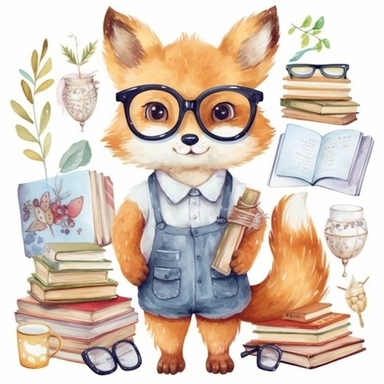 Back to School watercolor clipart, kawaii cute student animals, Fox teacher, animals graphics, School stationery png, School Supplies Clip art , natural color , white background