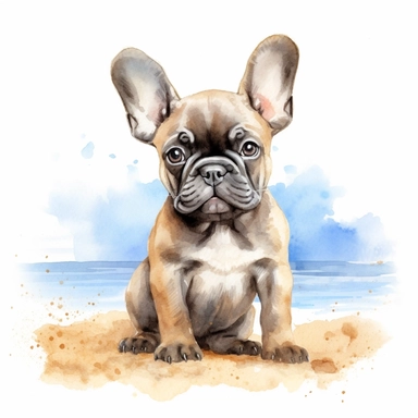 realistic high detailed, Hand drawn watercolor clipart of French Bulldog puppy on a beach, on a pure white background for background removal