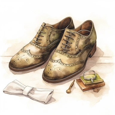 wedding watercolor graphics, subtle neutral pastel tones, sparklecore, embossed paper, Design a sophisticated wedding clipart showcasing the groom's shoes, meticulously crafted with sleek leather, laces, or buckles, representing the groom's impeccable style and attention to detail on his special day, candid, multi-layered