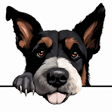 a color drawing of a smiling full face and neck Giant Schnauzer dog peeking paws over a black line, white background, clipart