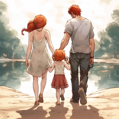 view of back, father holding daughter and boy hand walking away, red hair, Watercolor Clipart, strybk, full Illustration, chibi kawaii, 8k, sharp focus, watercolor, smooth soft skin, symmetrical, soft lighting, detailed face, concept art, muted colors, children's style fairy tales, Octane rendering, 3D, Craig Davison, Aubrey Beardsley, Conrad Roset, Aikut Aidogdu, Agnes Cecil