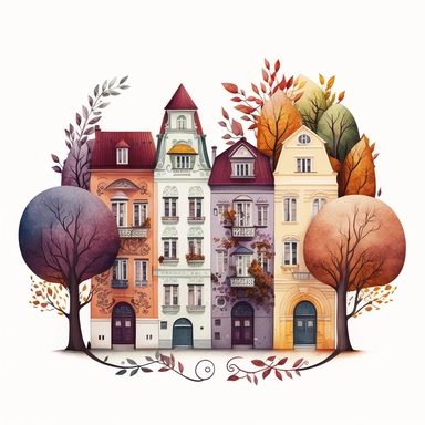 Very very cute and Whimsical houses in a row on the street of Vienna, Austria, beautiful, colorful, in autumn colors, Watercolored illustration in the style of Michael Powell, clipart, 3D, white background - Q2