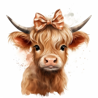 cute watercolor illustration of fullbody highland cow wearing hair bow on head clipart on white background