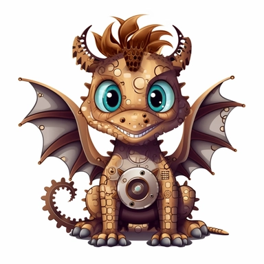 friendly dragon with cute eyes, in the style of steampunk, clipart, white background, lots of cogs,