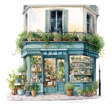 watercolor, hyper realistic, white background, white margins, 16k, ultra detailed clipart, cut out image, hand-drawn art print in french of interior of small boutique with flowers, in the style of green and azure, aquarellist, detailed environments, e. h. shepard, realistic cityscapes, rollei prego 90, outdoor art