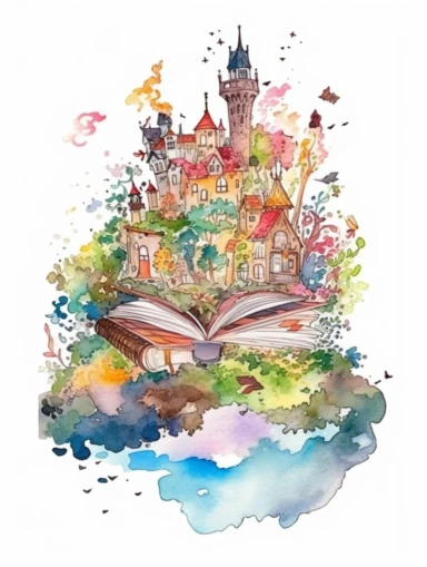 Watercolor clipart with white background, open book, magical fantasy kingdom, secret garden, flat design, clearly defined, high quality clipart