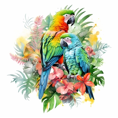 Amazon Parrots with tropical gardens, watercolor sublimation design, Sublimation Clipart,hyper realistic, intricate detail, illustration style, isolated on white background for removing background, Super-Resolution, Megapixel