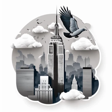 Empire State Building clipart with a New York City skyline background, featuring clouds and birds