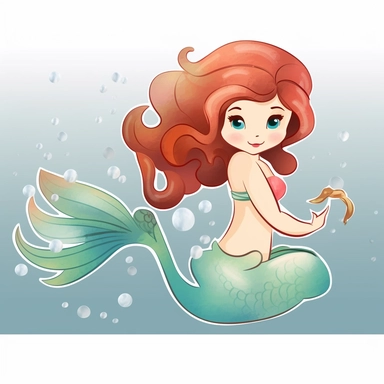 create a hand drawn watercolor clipart of a cute little mermaid, white background, 4k