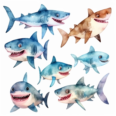 watercolor set of baby shark clipart, white background, HD, Color