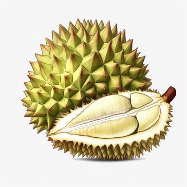 Watercolor: Durian ，png Full body realistic cartoon 32k UHD cute. 15 cm thick outline.White background. There was no shadow on the ground. with realistic watercolors and detailed illustrations. Cartoon, PNG clipart, transparent white background
