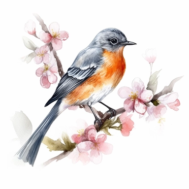 Flame Robin sits on a sakura branch on a white background, illustration in watercolor style, drawing done in professional glazing technique, expressive details, realistic drawing technique, saturated colors, harmony with nature, pronounced contours, clipart, a masterpiece, white background