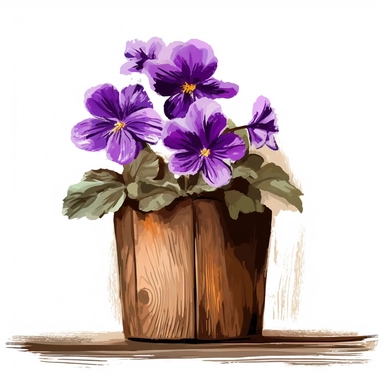purple Flower inside a brown wood Pot Clipart in the style of oil painting, clean lines on a white background