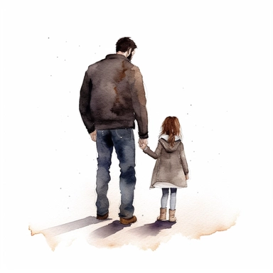 father standing with daughter, facing away from camera, watercolor illustration with plain white background, clipart