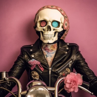 In the captivating clipart against a backdrop of pure white, an intriguing midjourney narrative takes shape. Here, a skull-headed motorcyclist, who happens to be male, defies conventions by embracing the art of drag. This striking image invites you to explore a tale of self-expression, authenticity, and the transformative power of embracing one's true identity. As you immerse yourself in the clipart, the skull-headed rider challenges societal norms with their bold and expressive style. Adorned i