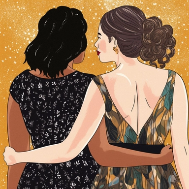 clipart of adult bestfriends, friends forever, back facing, wearing glitter dress, fashionable glam, closeup