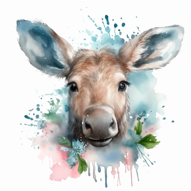 super cute newborn baby moose clipart with huge cute blue eyes long fur smiling painted in watercolour style, splashes, pastel pink and sage green floral elements, white background 8k hd