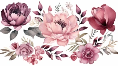 Watercolor flowers clipart. Peony floral set. Pink, white, burgundy flower and leaves. Illustration for greeting card, DIY wedding invitation, bridal showers, baby showers, printable home decor