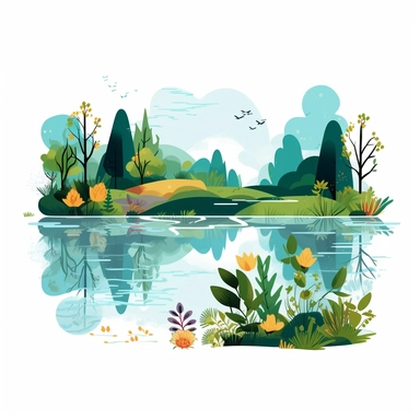 simple flat clipart on a white background, ecology realated things, lake, river, tree, bushes, flowers, all separate and not touching
