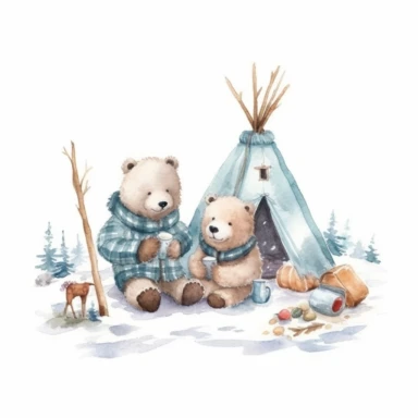 Cute winter Watercolor Clipart , cute 2 Bears enjoy winter fishing at igloo,eskimo style costume, snow winter ,white background, cozy, Hand drawn illustration, naive drawing style, Delicate pencil drawing texture, white background for removing background