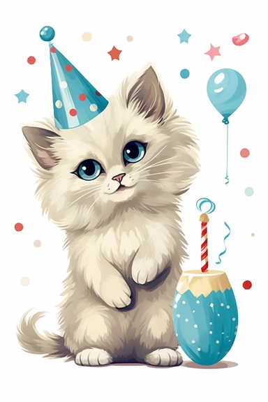 happy birthday Champaign clipart for card print, cute ragdoll kitten illustration, hallmark 1950s style png vector isolated on white background
